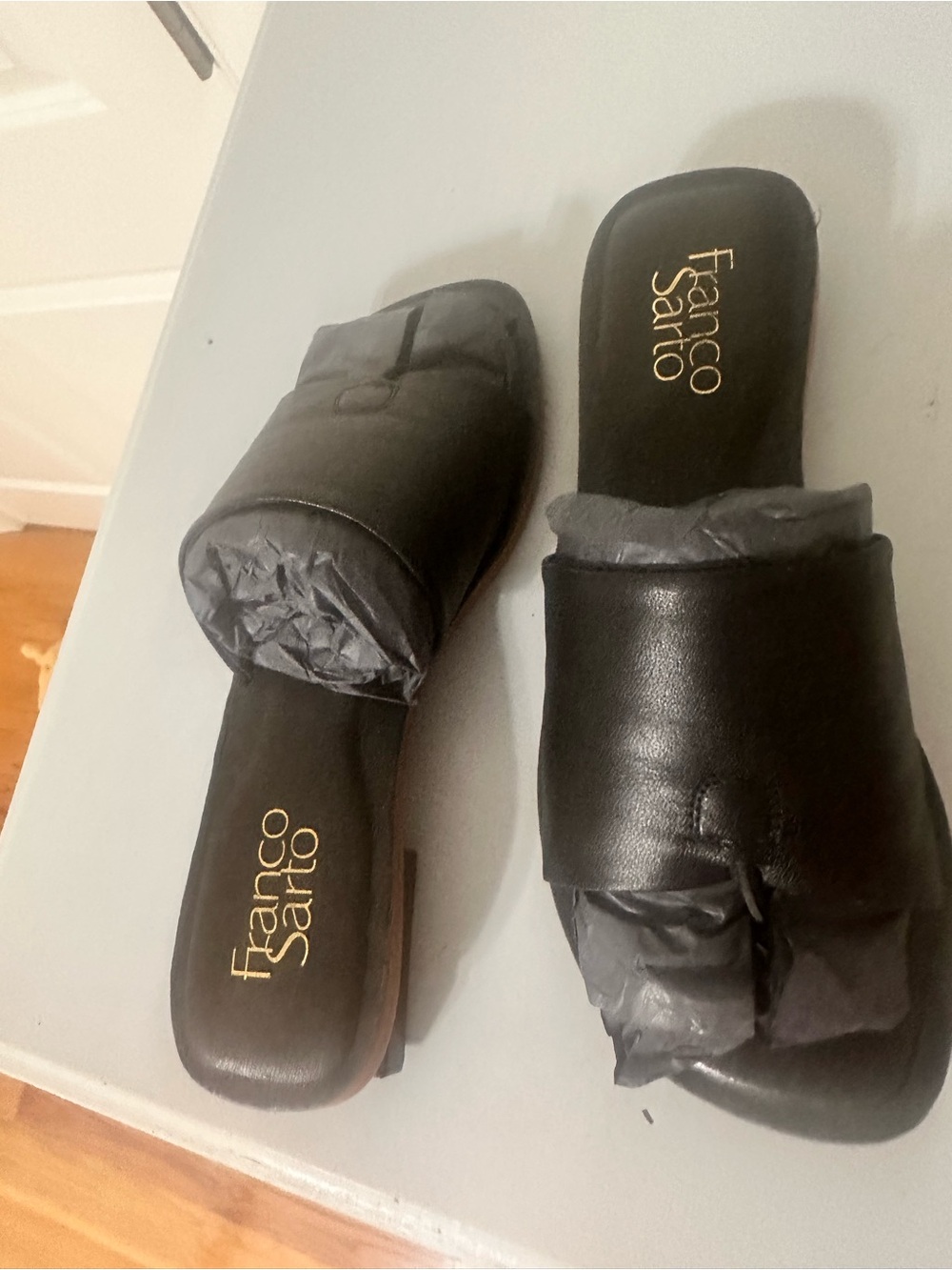 Franco Sarto Black Leather Slide Sandals with Gold Logo